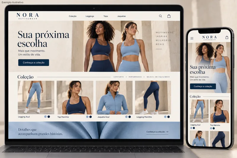 Mockup ilustrativo de uma loja NORA completa, com vitrine, categorias e produtos