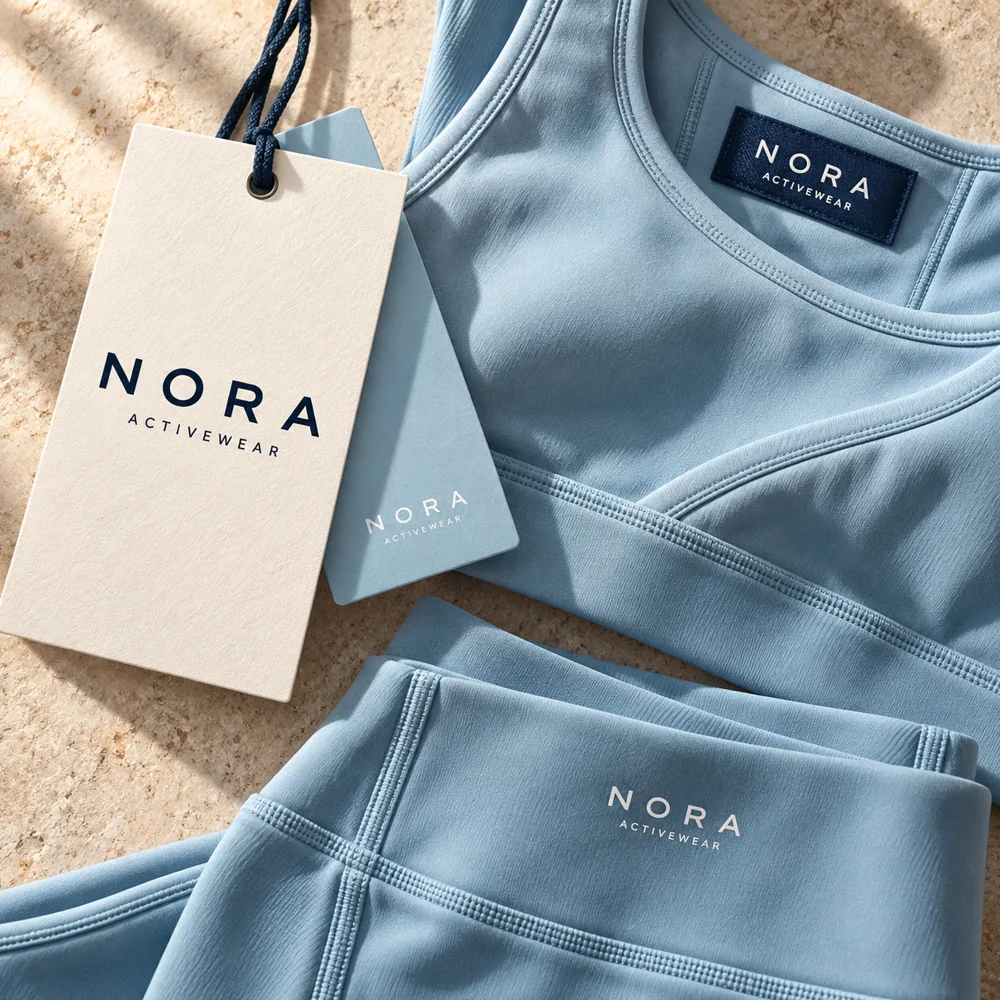 Identidade demonstrativa NORA: logo, cores, etiqueta, tag e embalagem
