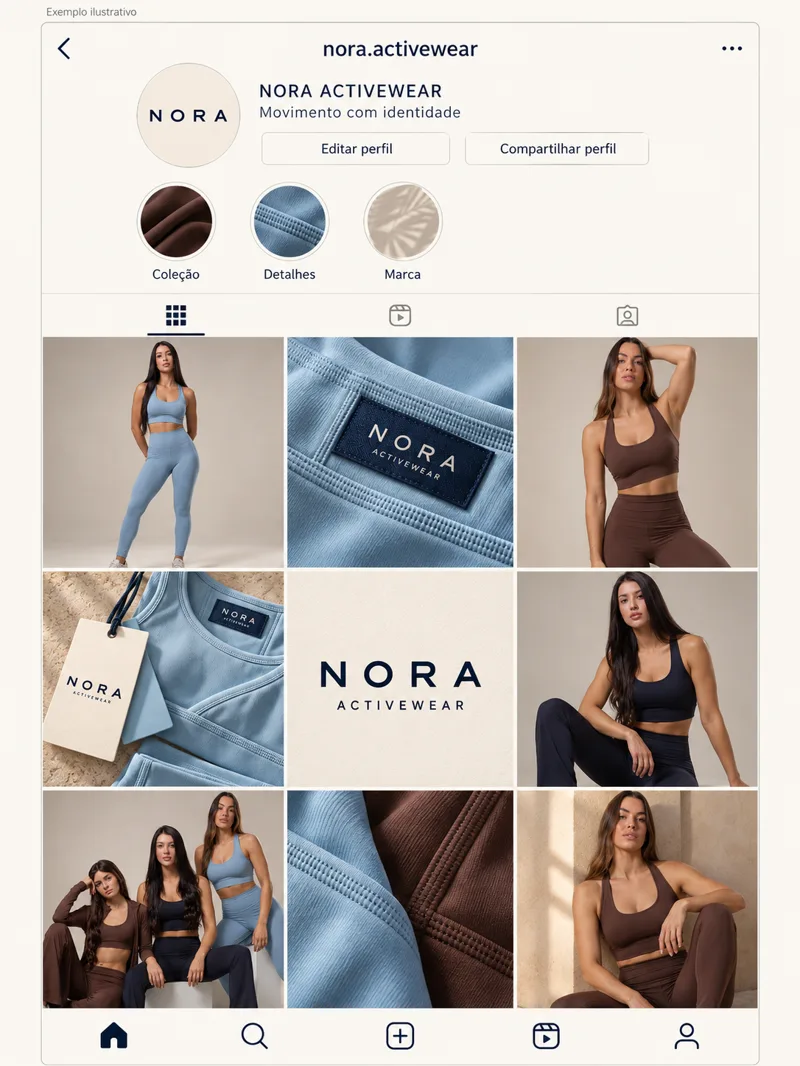 Mockup ilustrativo de perfil Instagram NORA com identidade visual e feed de moda fitness